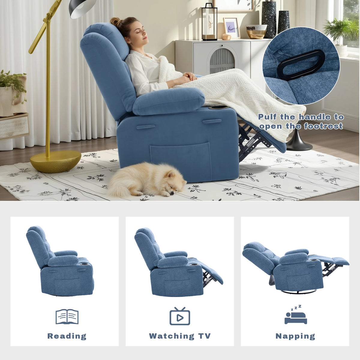 Gaohapy Chenille Swivel Rocker Recliner Chair With Storage Pockets
