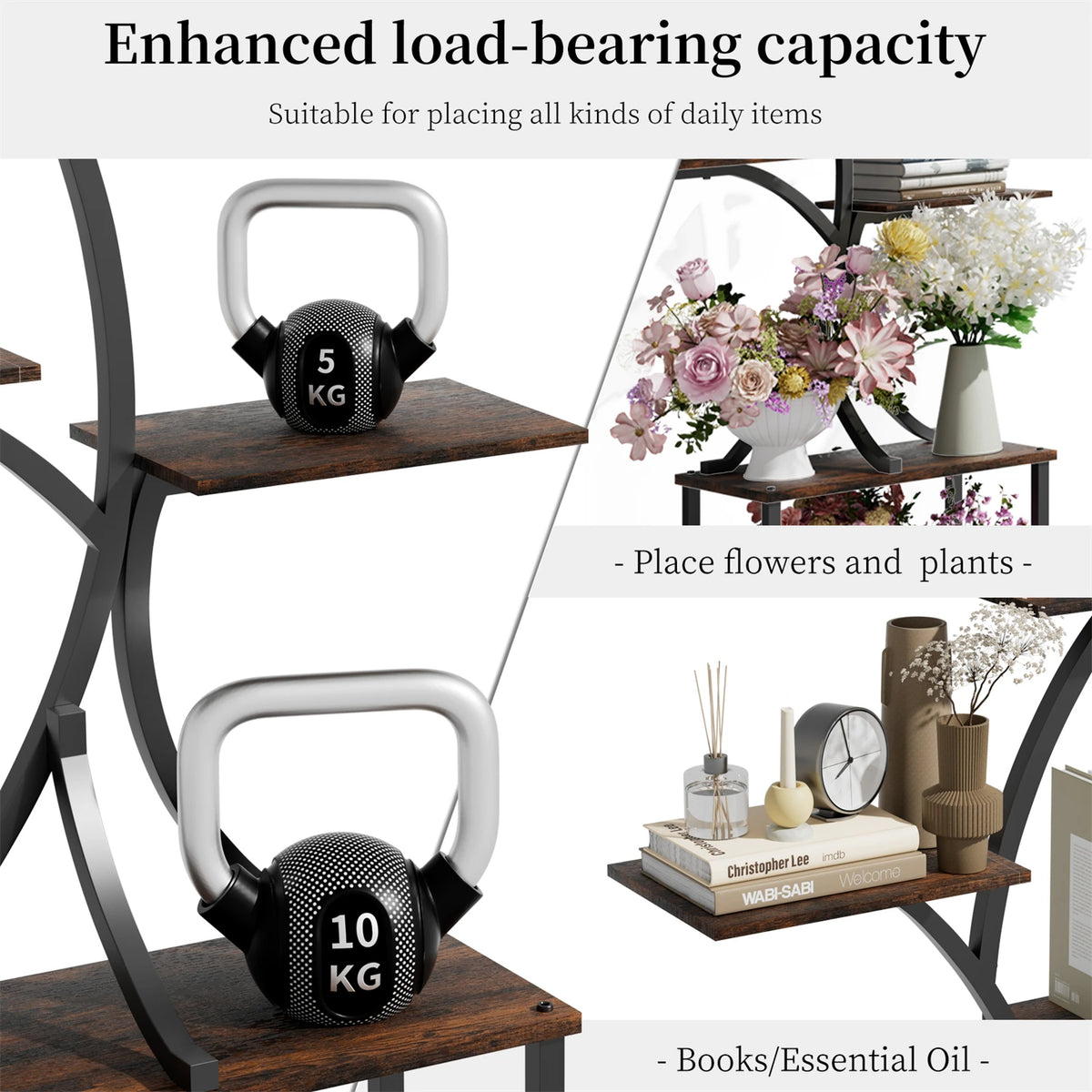 Tree Shaped Metal Plant Stand With Wooden Display Shelves