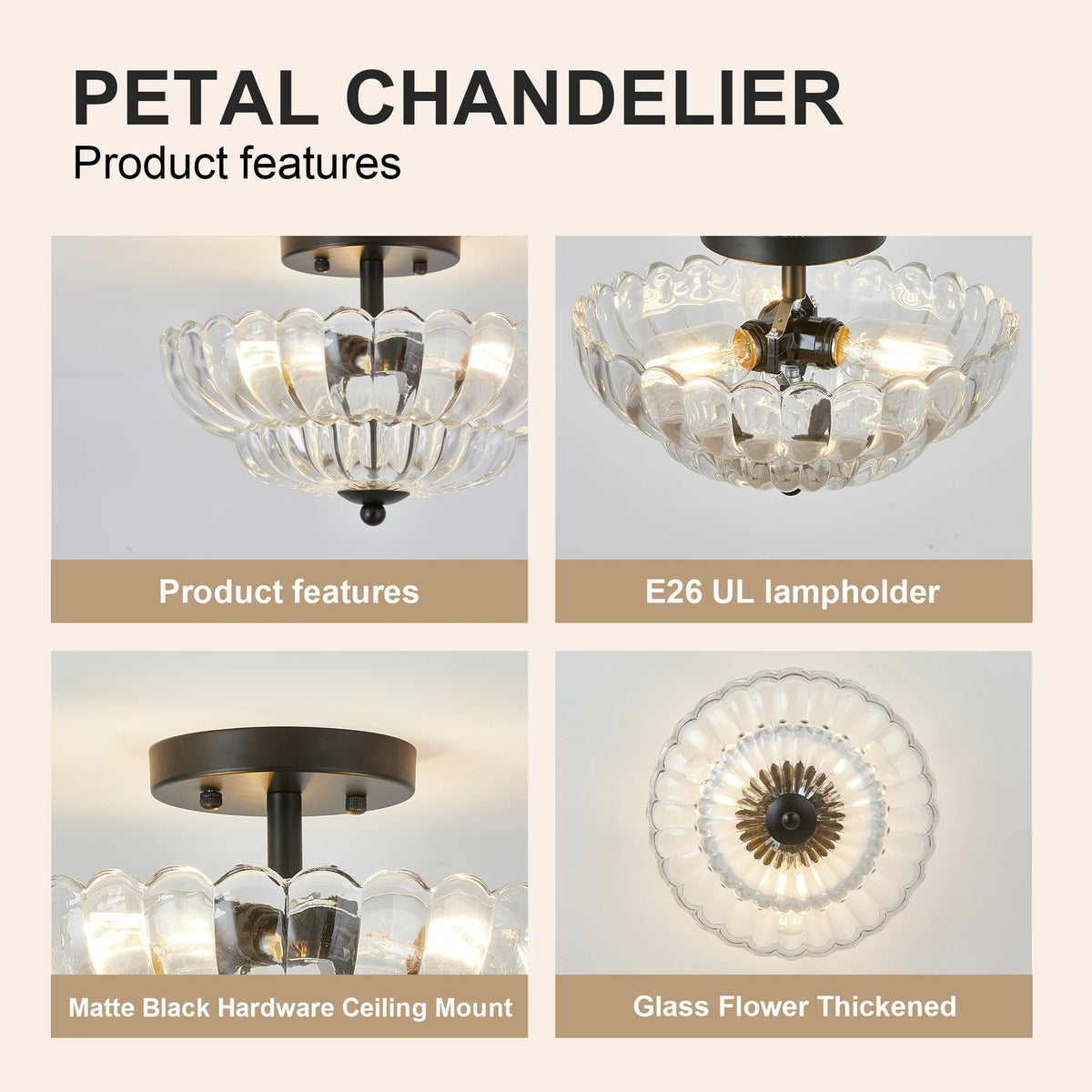 ARLGSITE 11.8" 3-Light Semi Flush Mount Ceiling Light, Clear Patterned Glass, Matte Black Fixture for Kitchen, Bathroom, Bedroom, Hallway, Bulbs Not Included