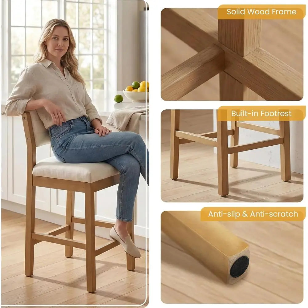 Upholstered Linen Counter Bar Stools With Wooden Legs