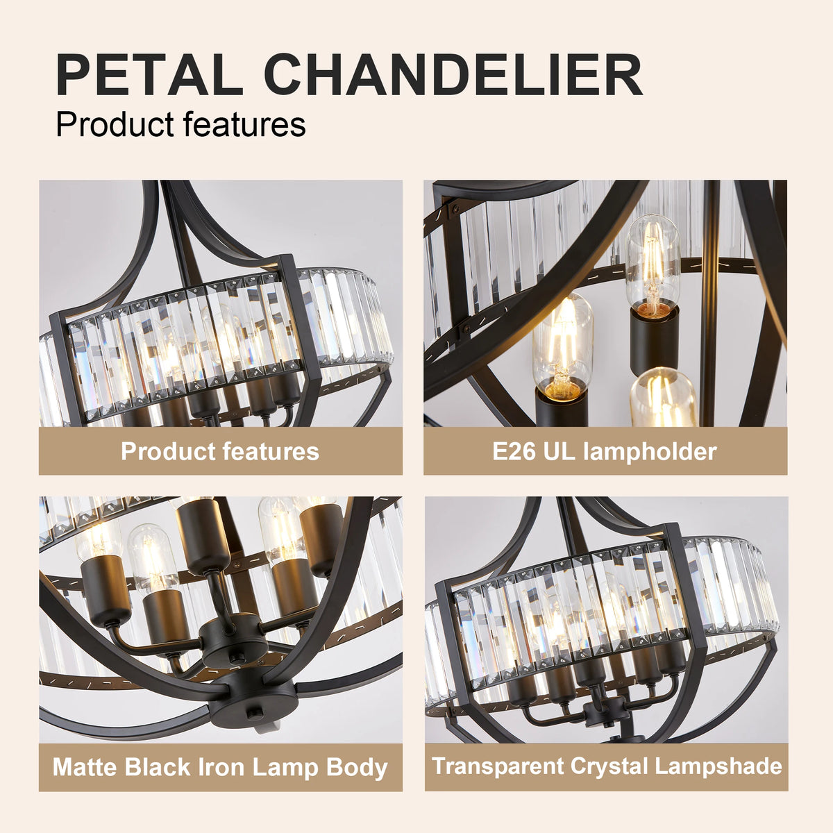 ARLGSITE 20'' Pendant 5 Light LED Crystal Chandelier Black Kitchen Living Room Fixture