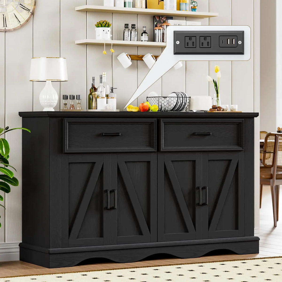 Wood Modern Farmhouse Sideboard Buffet Cabinet With Charging Station