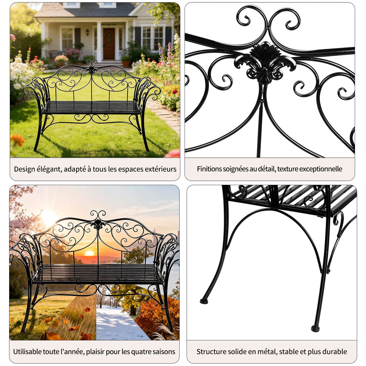 Wrought Iron Garden Bench With Decorative Backrest For Outdoor Use