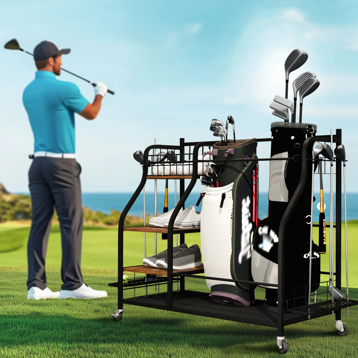 Rolling Multi Tier Golf Bag Storage Rack For Sports Equipment