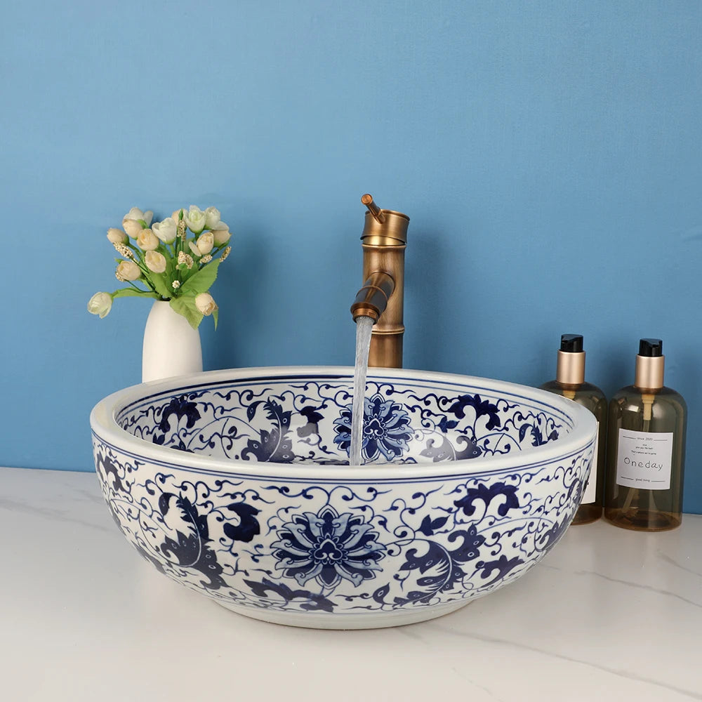 MEKKHALA Ceramic Round Bathroom Vessel Sink With Mixer Faucet