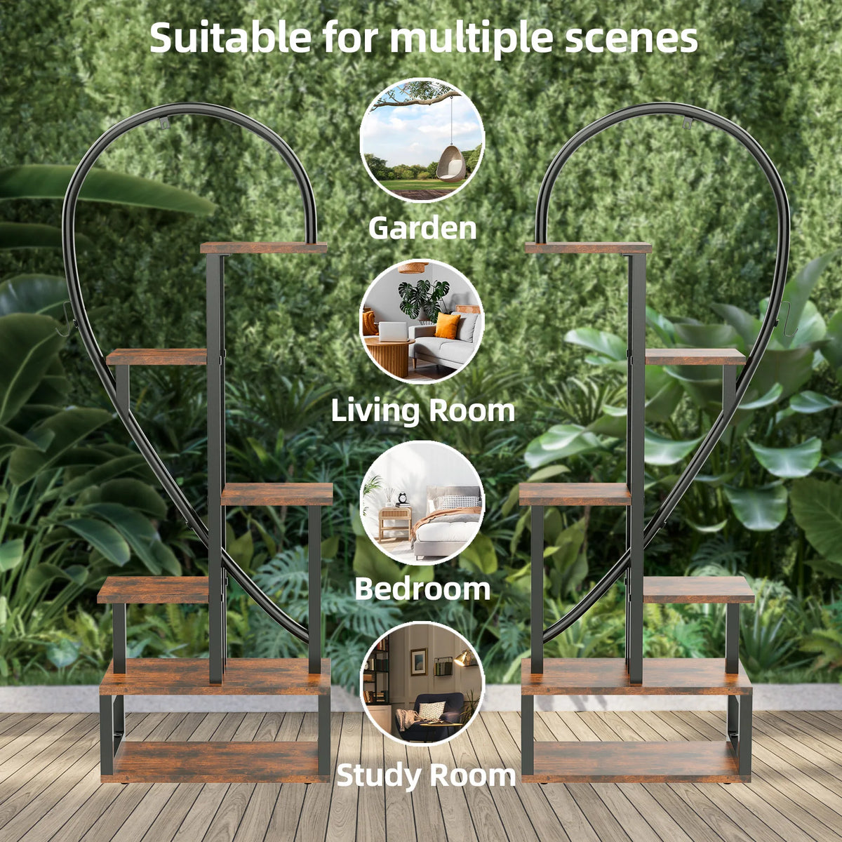 Half Heart Plant Stand With Hooks And Multiple Planter Shelves