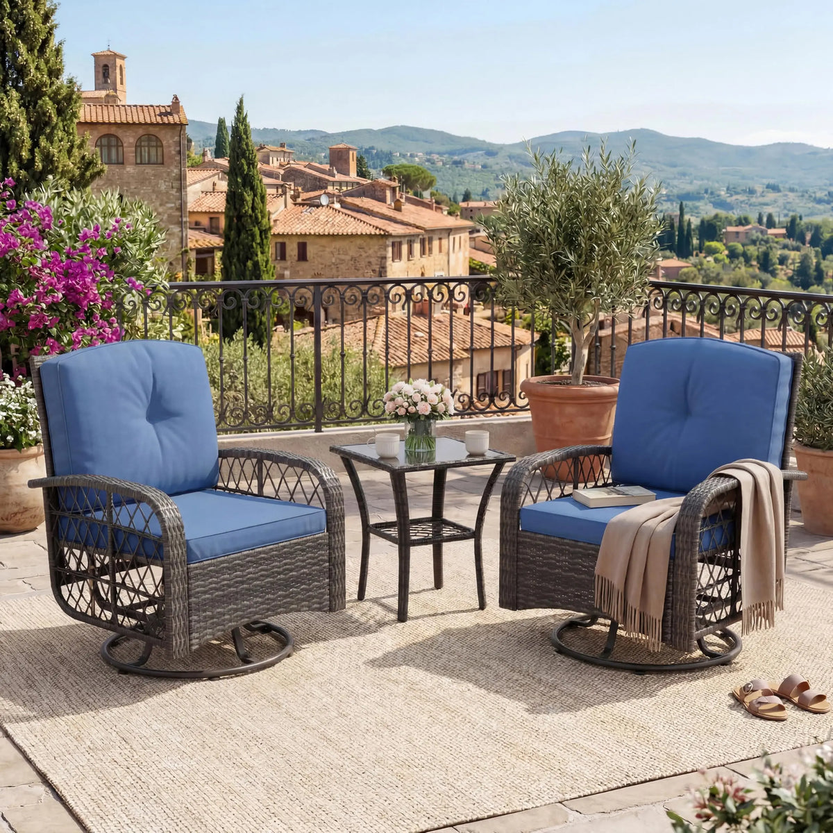 HiMISS Outdoor Wicker Conversation Set With Swivel Rocker Chairs