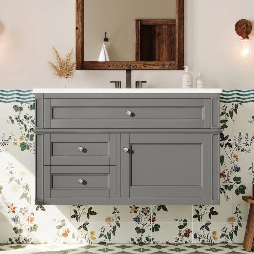 Modern Floating Bathroom Vanity With Ceramic Sink Storage Cabinet