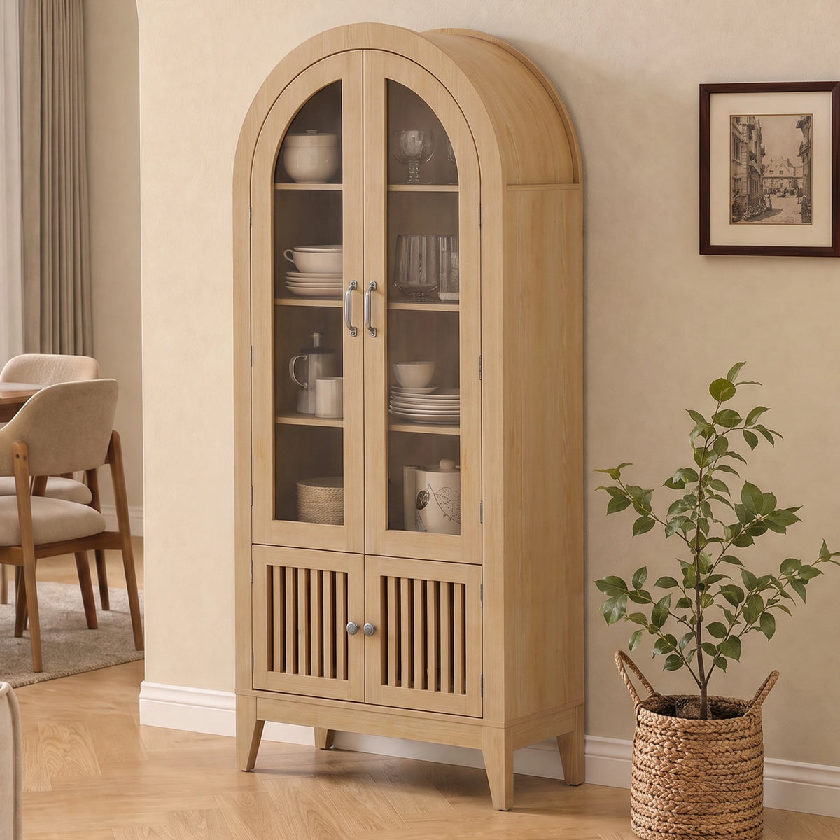 Tcgbkaf Modern Farmhouse Arched Wood Display Cabinet With Glass Doors