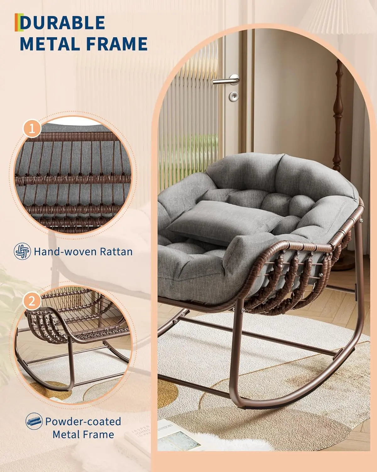 HiMISS Outdoor Papasan Egg Rocking Chair With Cushioned Wicker Lounge