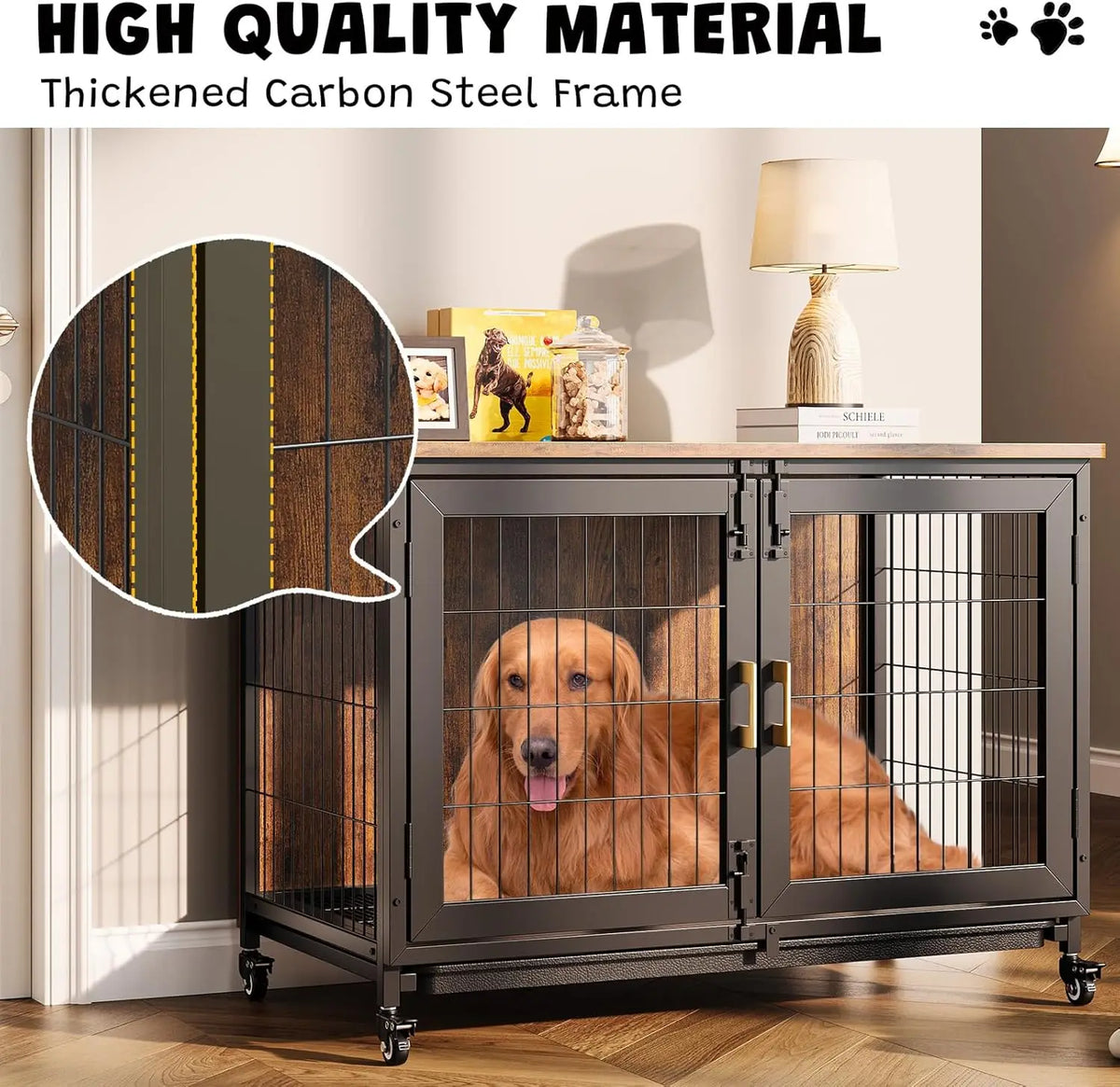 37.5 Inch Wooden Dog Crate Furniture with Wheels, Heavy Duty Steel Frame & Removable Tray, Rustic End Table for Medium Dogs up to 66 LBS, Lockable Casters for Easy Move