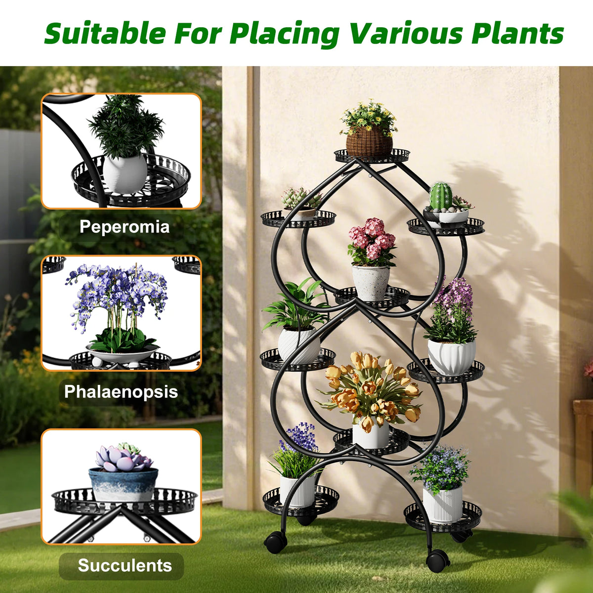 Metal Plant Stand With Wheels And Tiered Display Rack