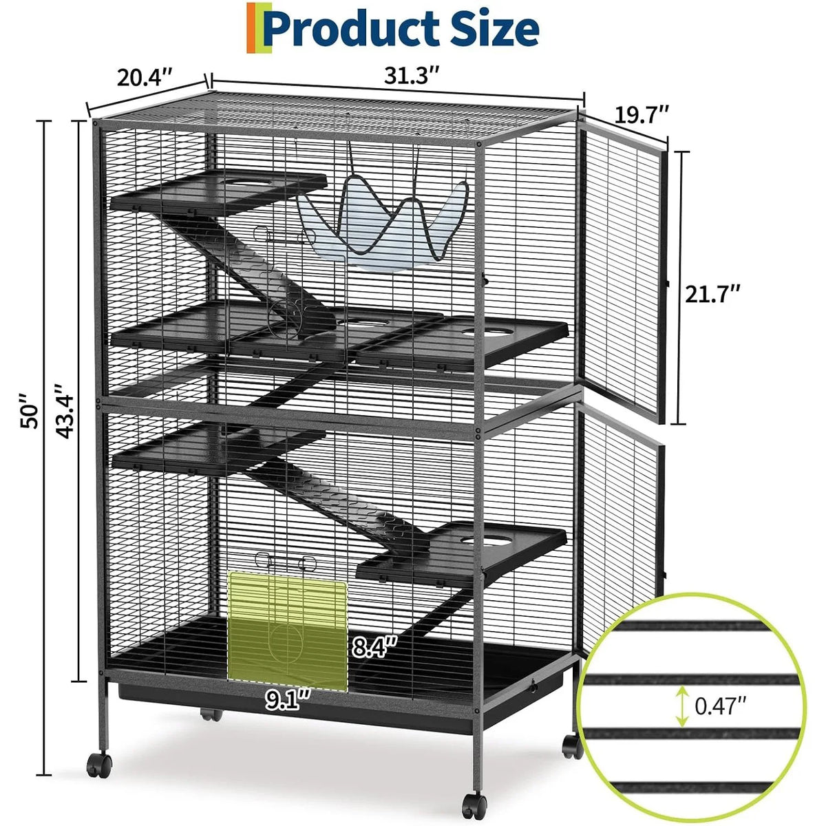 50in Tall Ferret Cage Multi Level Small Animal Habitat with Hammock Removable Platforms Ramp Rolling Wheels Bottom Tray for Sugar Glider Chinchilla Guinea Pig Rabbit and Small Pets