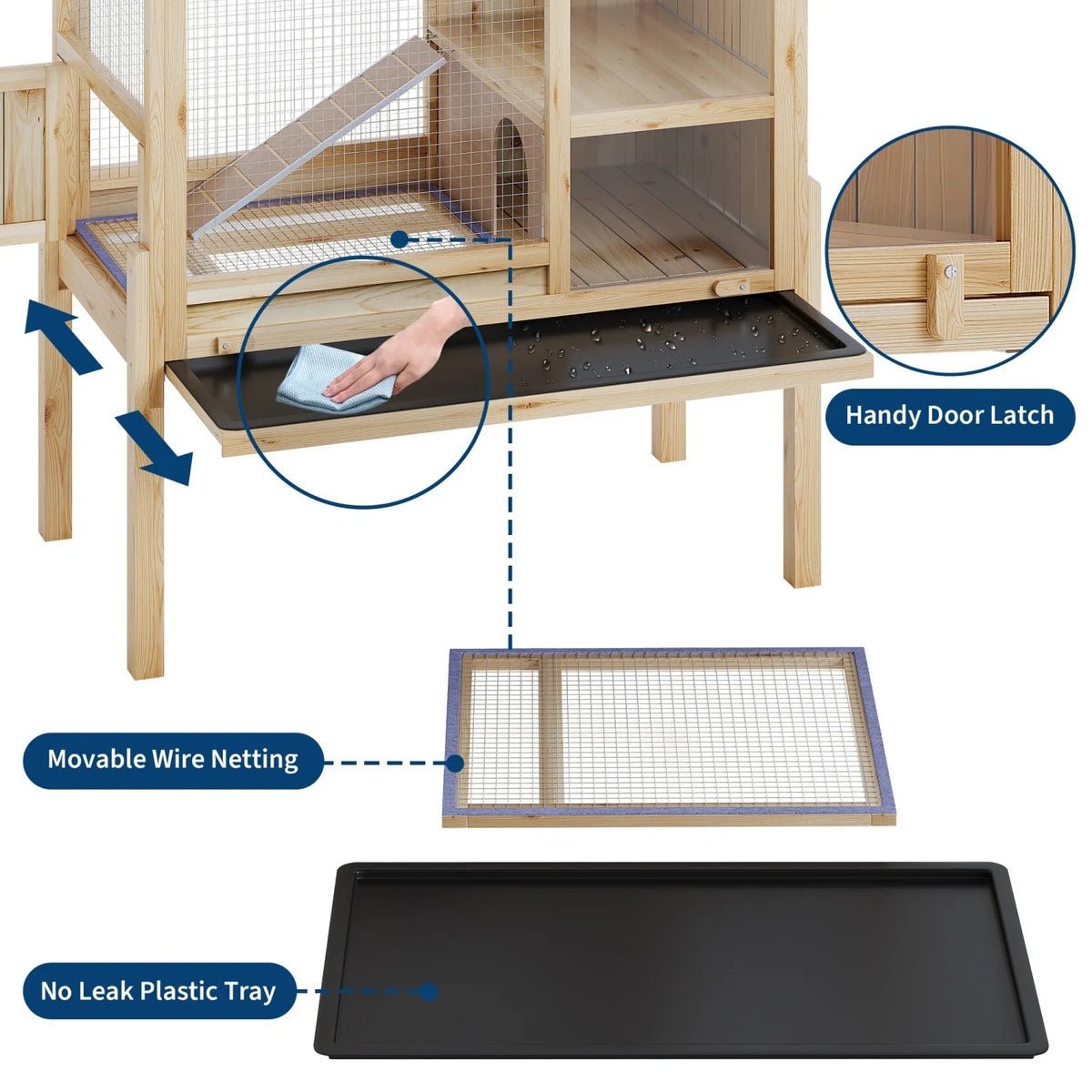 Wooden Guinea Pig Cage Indoor with Stand, 38" 2-Story Rabbit Hutch w/Ramp & Hideout, Clear Vision, Leak-Proof Pull-Out Tray, Lockable Door, Bunny Hamster Habitat