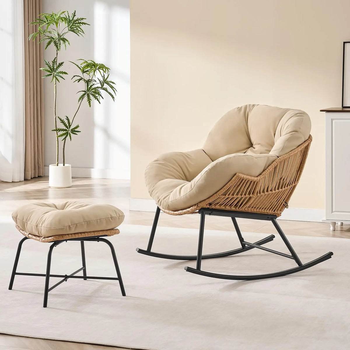 ONBRILL Papasan Rocking Chair With Ottoman Wicker Outdoor Lounge