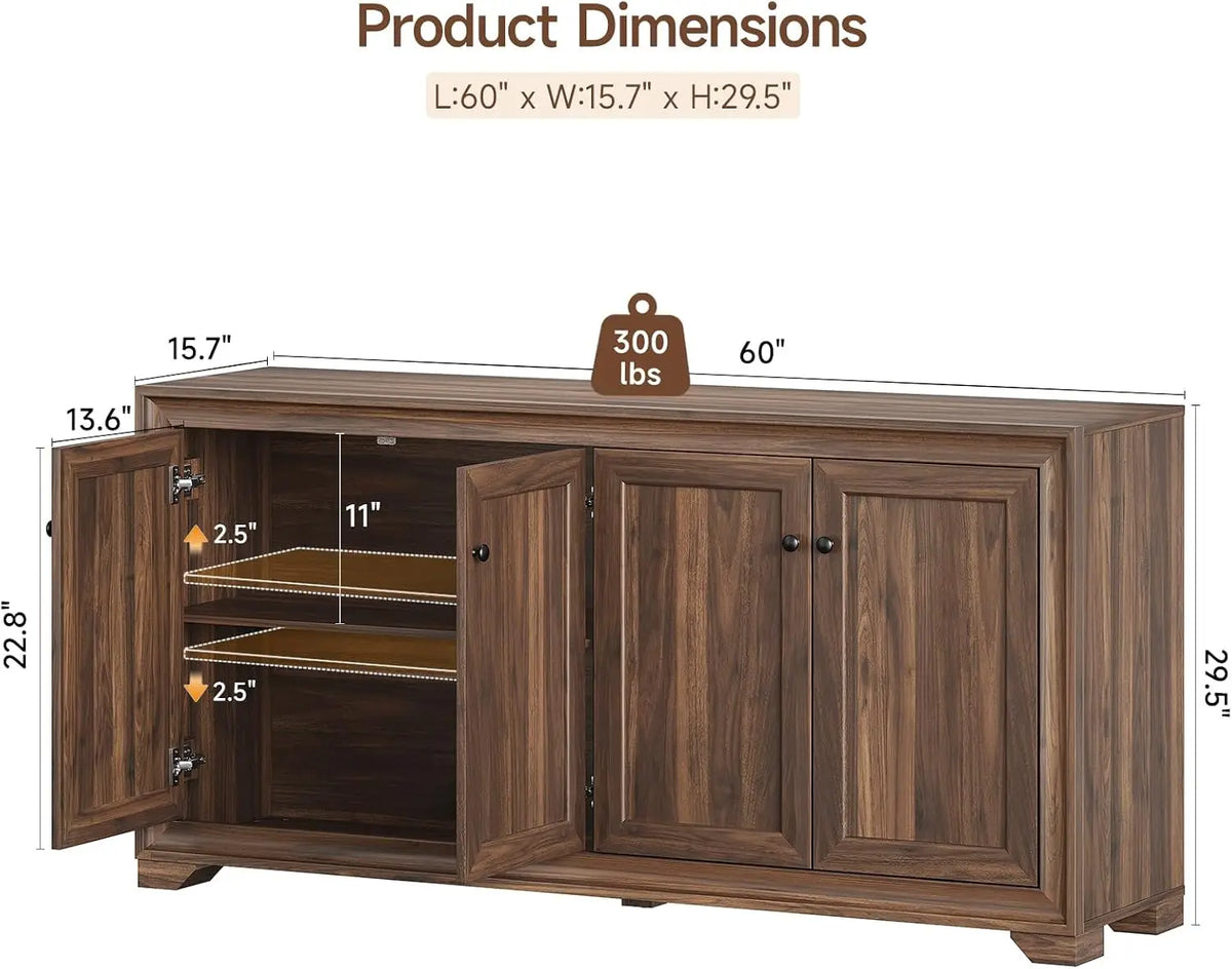 Onbrill Wooden Buffet Cabinet With Adjustable Shelves And Storage