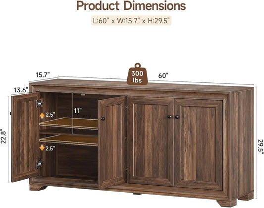 Onbrill Wooden Buffet Cabinet With Adjustable Shelves And Storage