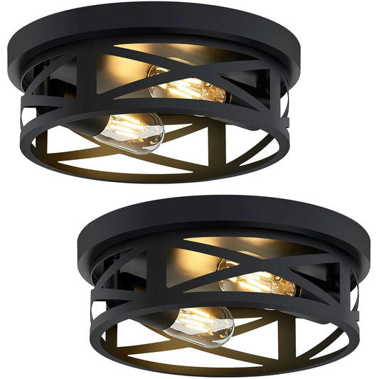 2 Pack 2-Light Matte Black Farmhouse Ceiling Light, Vintage Criss-Cross Hollow Metal Cage Flush Mount Lamp, Industrial Close to Ceiling Lighting for Hallway, Kitchen (Bulbs Not Included)