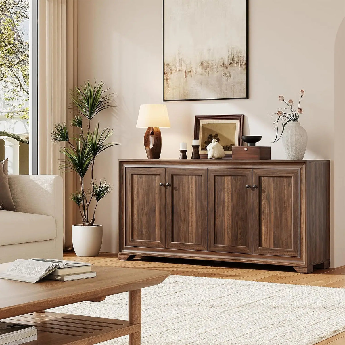 Onbrill Wooden Buffet Cabinet With Adjustable Shelves And Storage