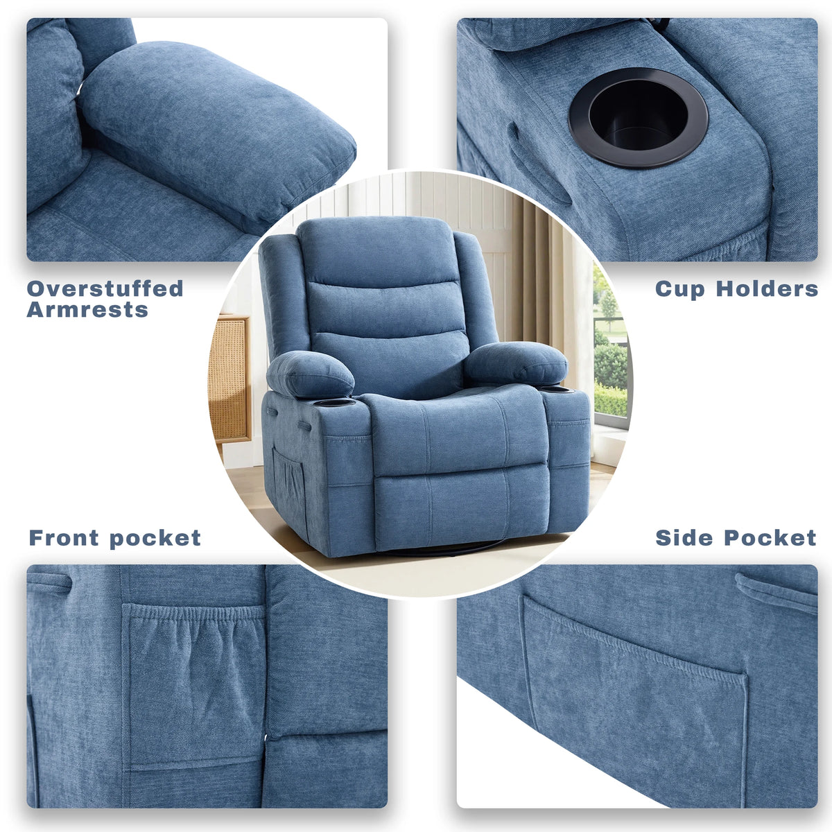 Gaohapy Chenille Swivel Rocker Recliner Chair With Storage Pockets