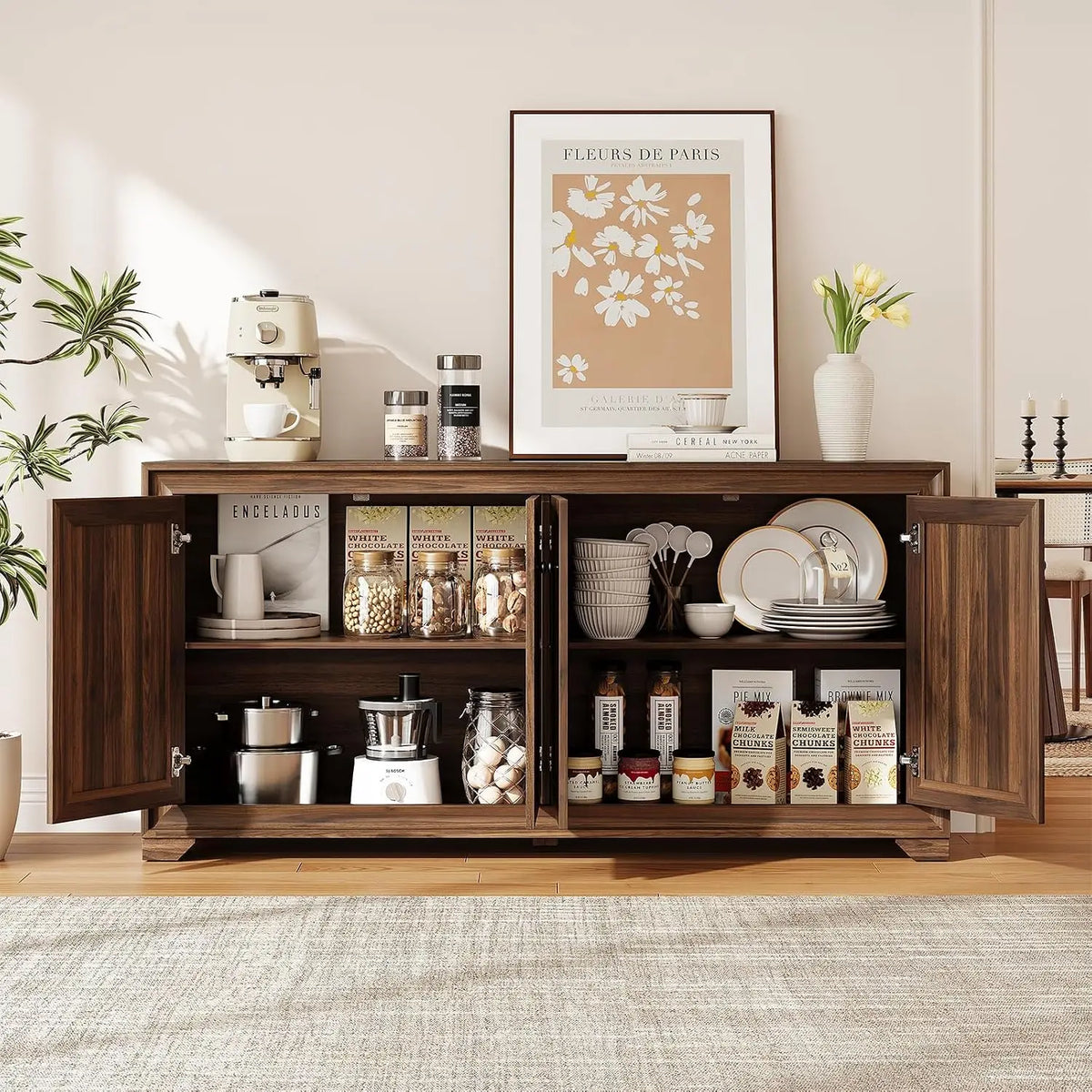 Onbrill Wooden Buffet Cabinet With Adjustable Shelves And Storage