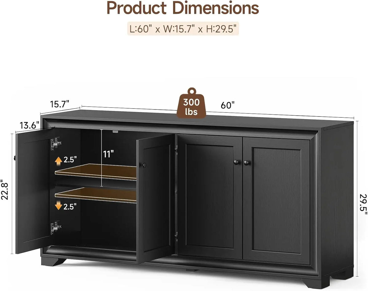 Onbrill Wooden Buffet Cabinet With Adjustable Shelves And Storage