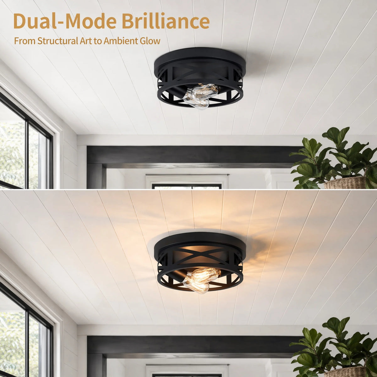 2 Pack 2-Light Matte Black Farmhouse Ceiling Light, Vintage Criss-Cross Hollow Metal Cage Flush Mount Lamp, Industrial Close to Ceiling Lighting for Hallway, Kitchen (Bulbs Not Included)
