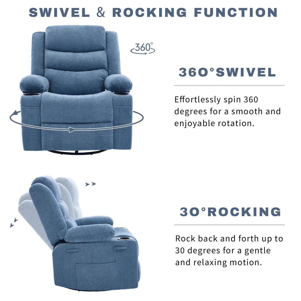 Gaohapy Chenille Swivel Rocker Recliner Chair With Storage Pockets