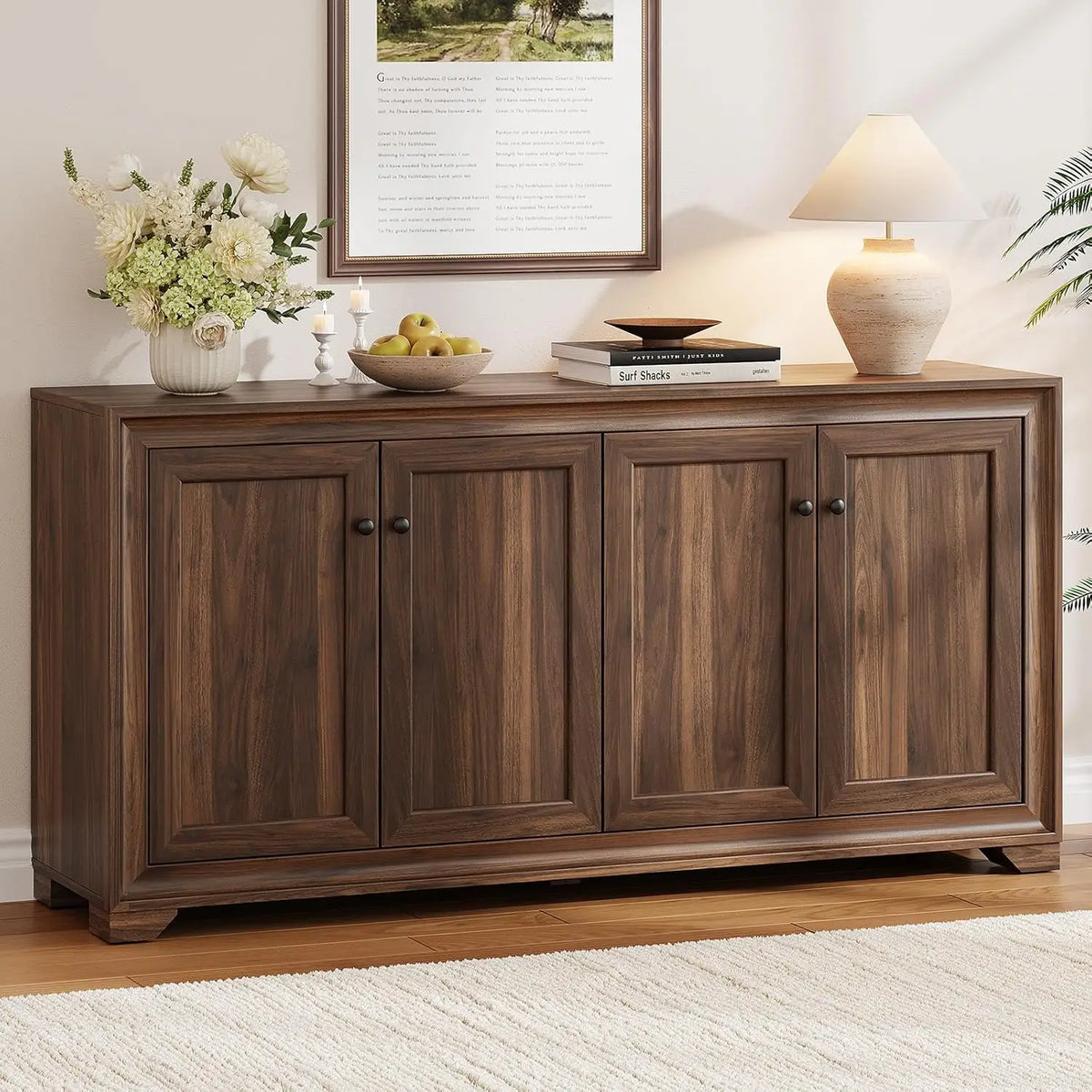 Onbrill Wooden Buffet Cabinet With Adjustable Shelves And Storage