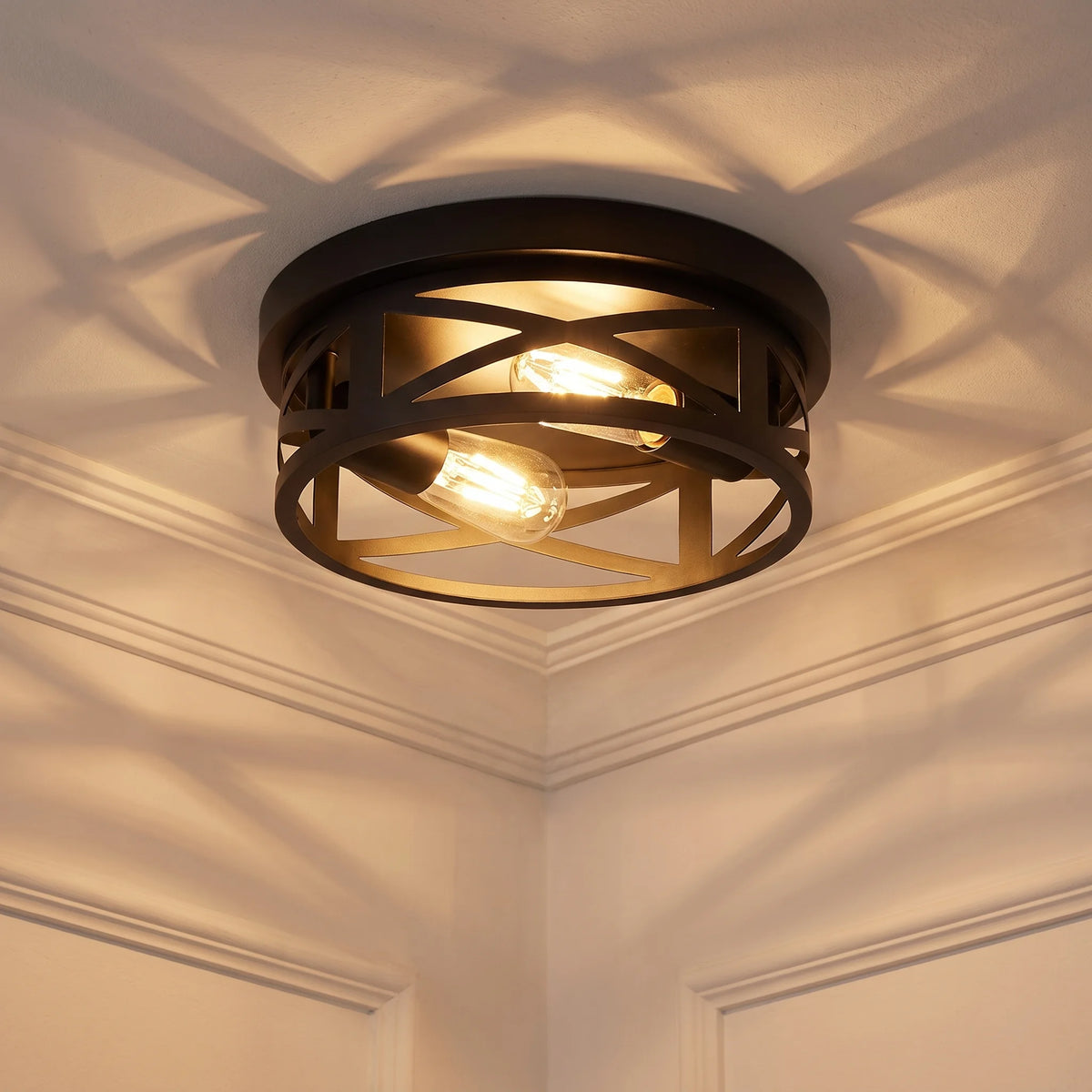 2 Pack 2-Light Matte Black Farmhouse Ceiling Light, Vintage Criss-Cross Hollow Metal Cage Flush Mount Lamp, Industrial Close to Ceiling Lighting for Hallway, Kitchen (Bulbs Not Included)