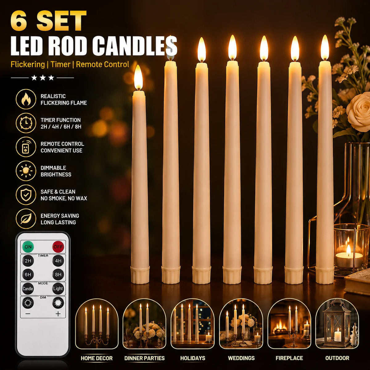 6PCS Flameless LED Taper Candles Flickering Battery Operated Dimmable Timer Remote Control For Wedding Holiday Dinner Home Decor