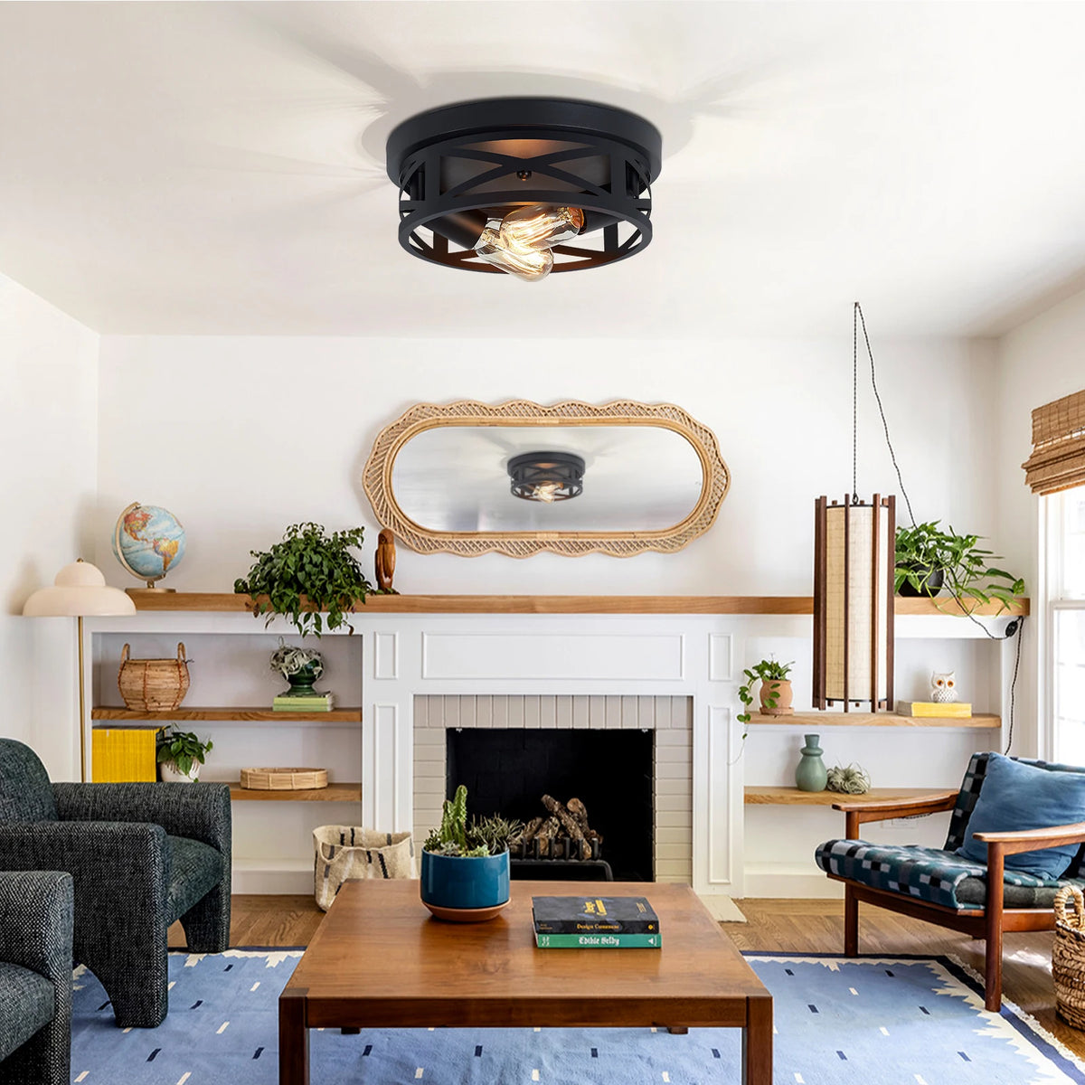 2 Pack 2-Light Matte Black Farmhouse Ceiling Light, Vintage Criss-Cross Hollow Metal Cage Flush Mount Lamp, Industrial Close to Ceiling Lighting for Hallway, Kitchen (Bulbs Not Included)