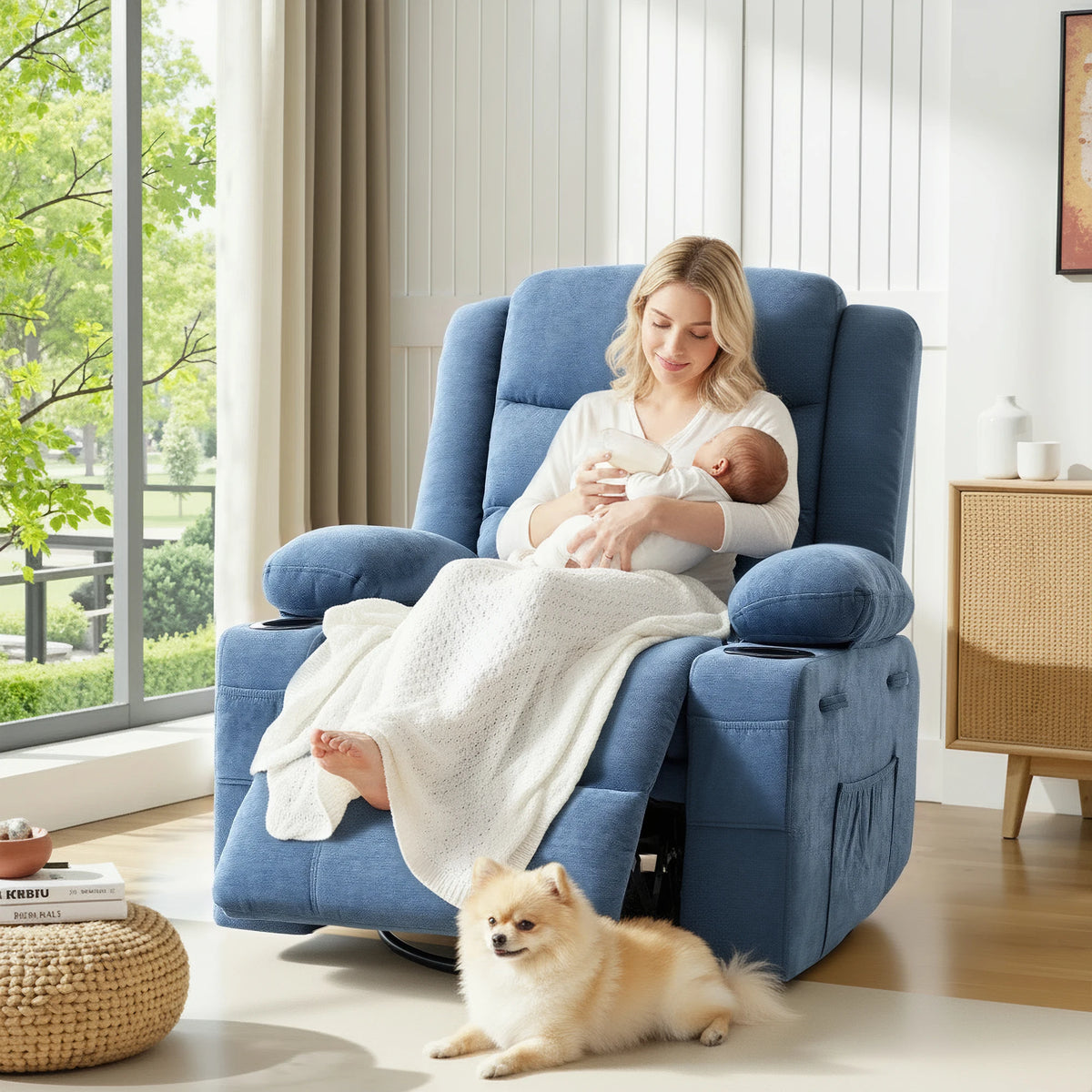 Gaohapy Chenille Swivel Rocker Recliner Chair With Storage Pockets