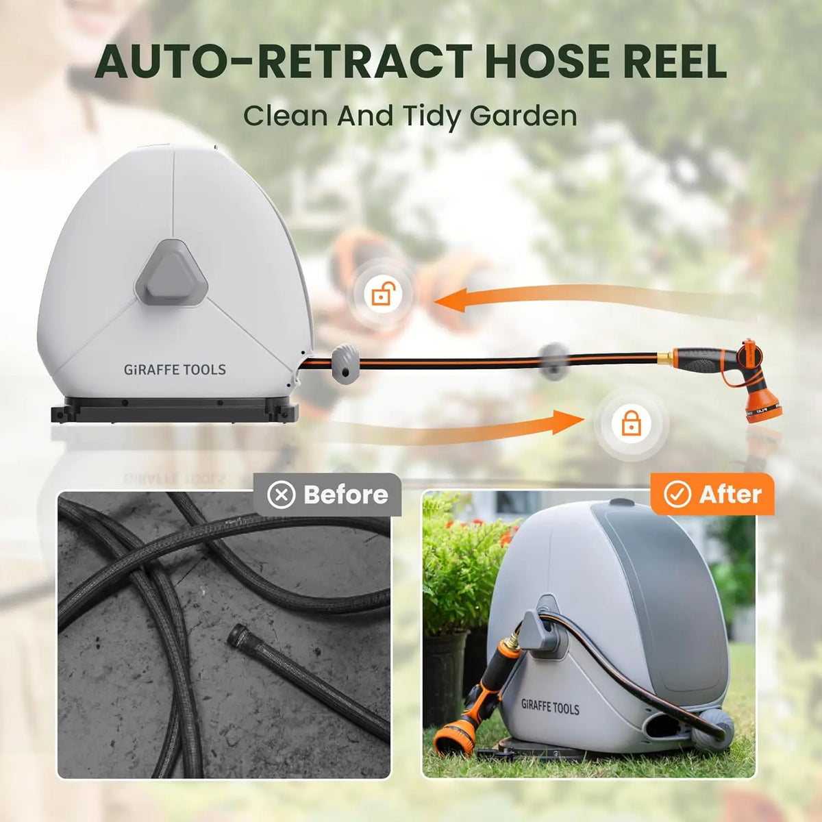 Giraffe Tools Retractable Garden Hose Reel With Automatic Rewind