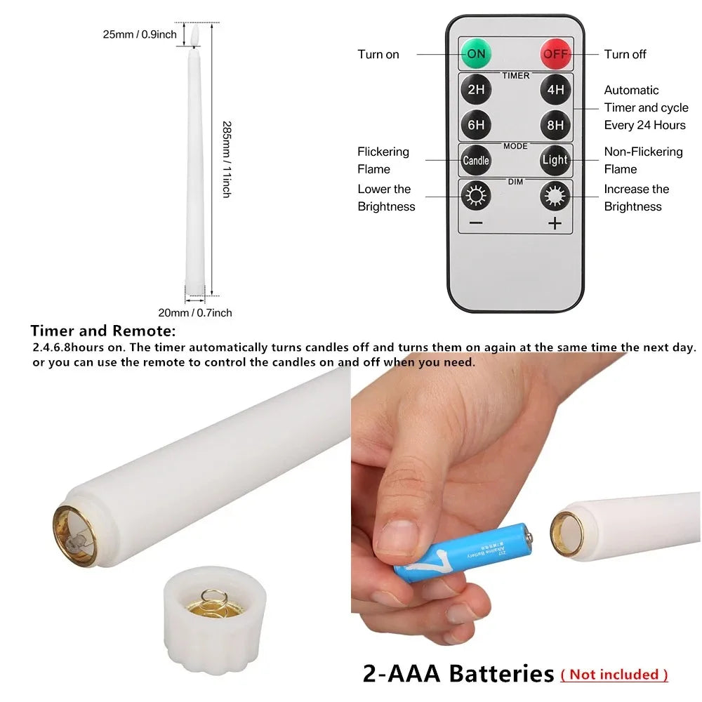 6PCS Flameless LED Taper Candles Flickering Battery Operated Dimmable Timer Remote Control For Wedding Holiday Dinner Home Decor