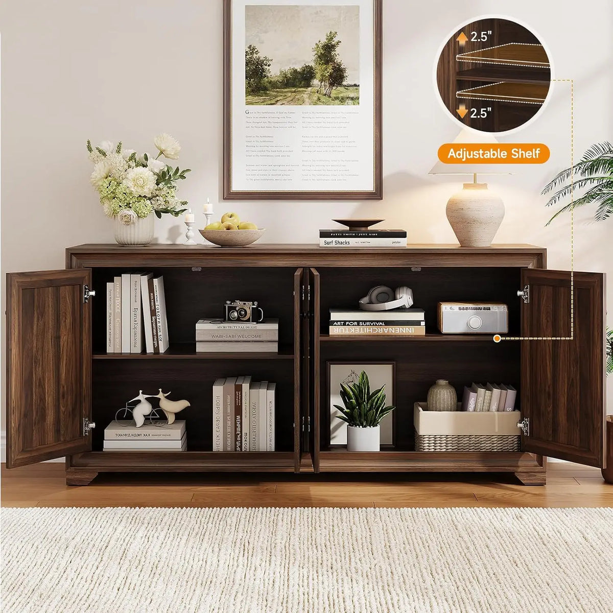 Onbrill Wooden Buffet Cabinet With Adjustable Shelves And Storage