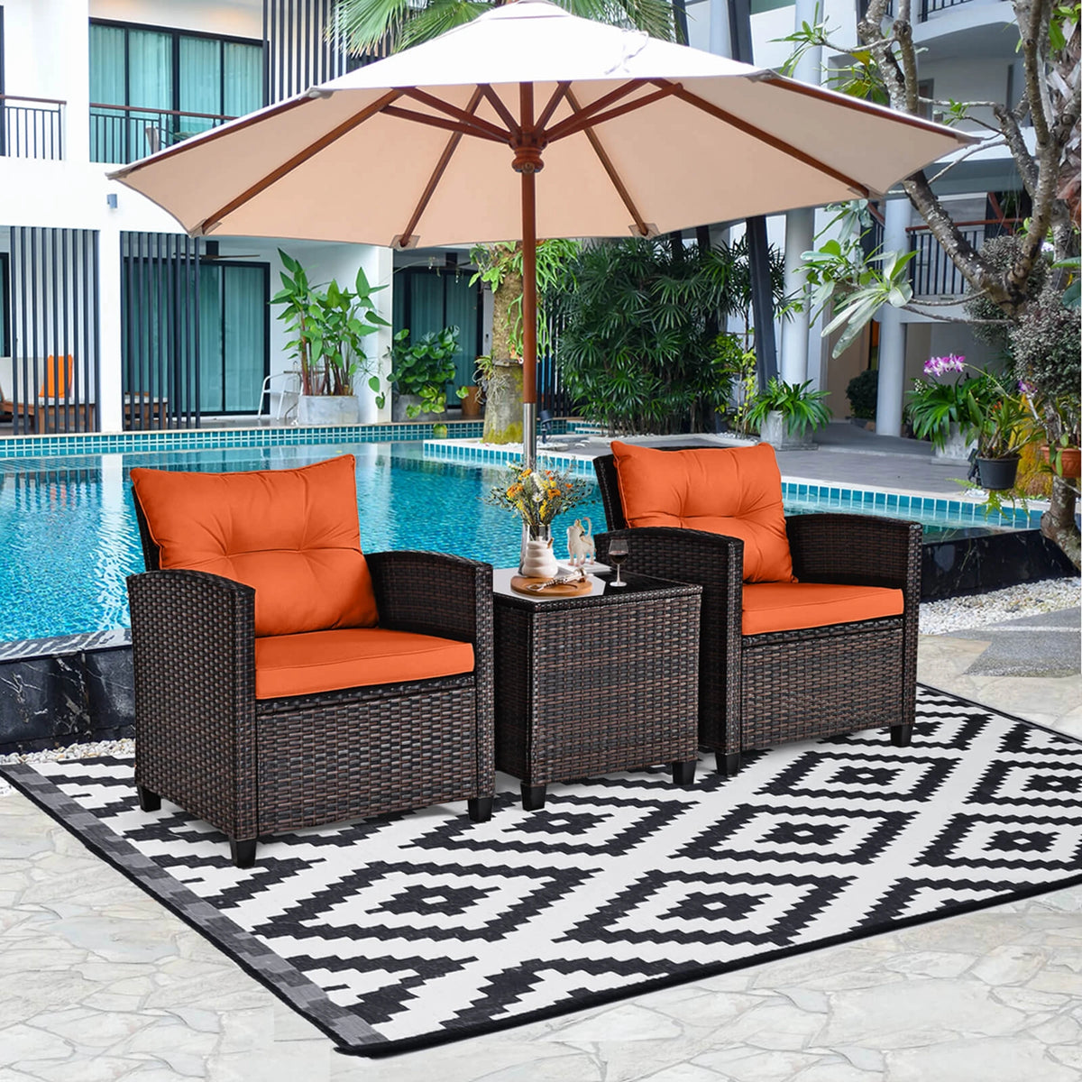 Homasis 3 Piece Rattan Patio Conversation Set With Cushions