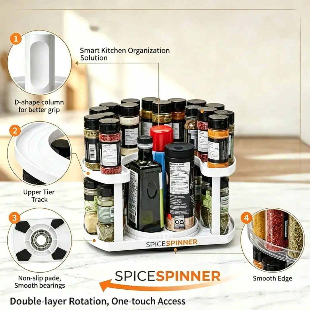 Two-Tier Rotating Spice Organizer D-Shape Lazy Susan Countertop Storage Rack