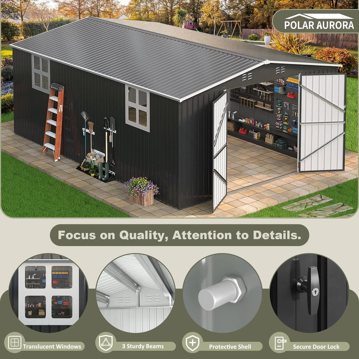 VIWAT Outdoor Metal Storage Shed With Lockable Door And Windows