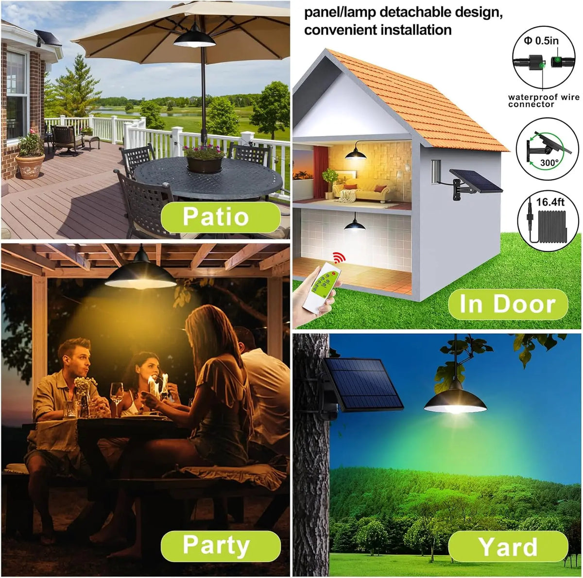 Intelamp Solar Pendant Lights Indoor Outdoor 4000mAh With Remote Day/Night Mode 16.4Ft Hanging Lighting For Barns Chicken Coop