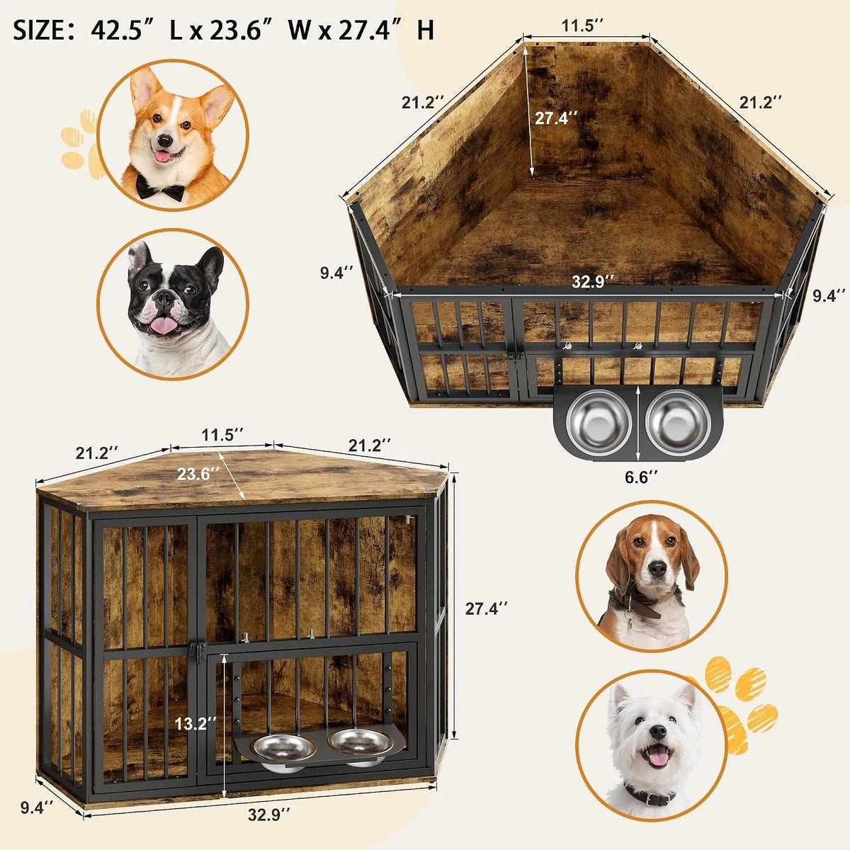 Wooden Corner Dog Crate Furniture With Double Door Lockable Cage