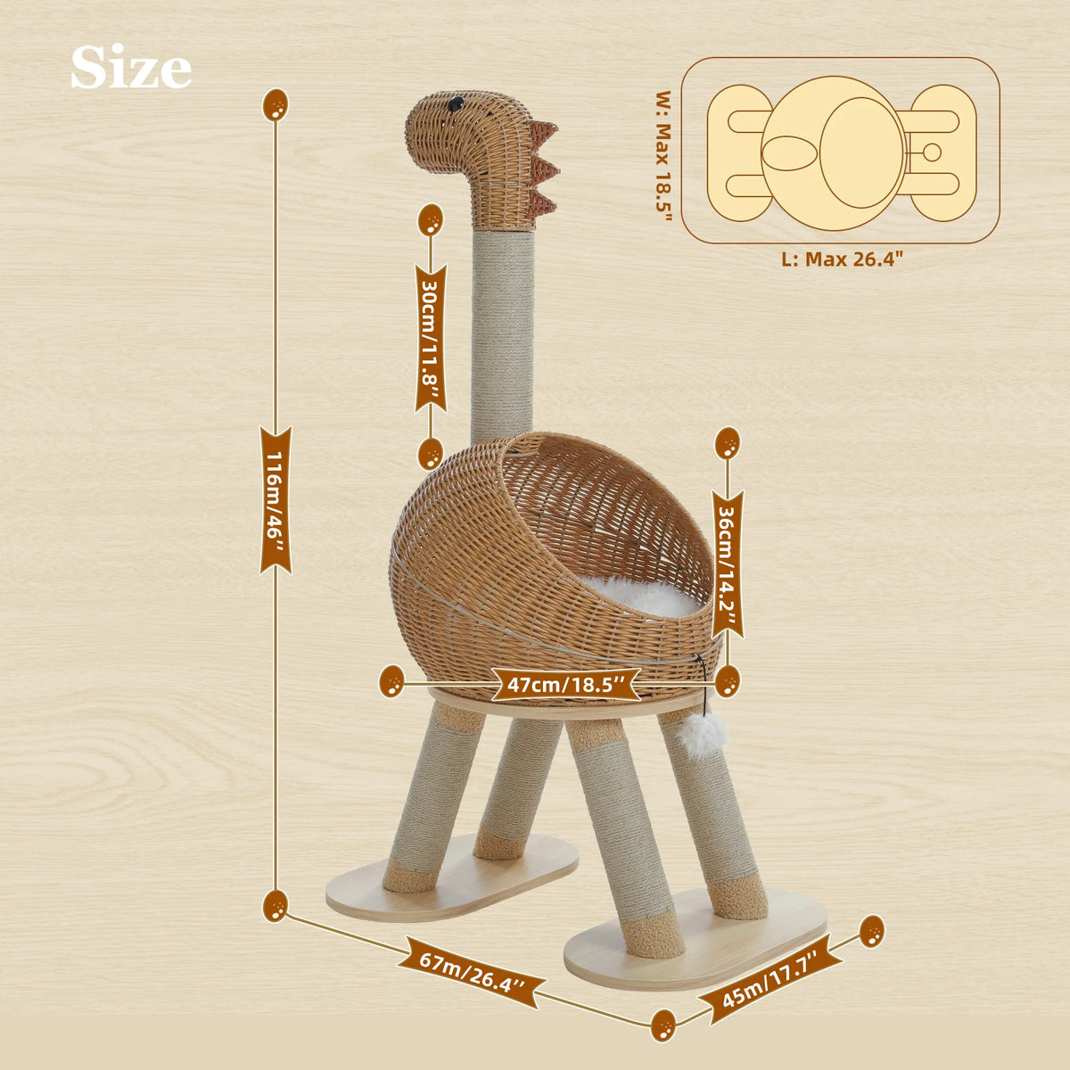Pawz Road Dinosaur Cat Tower Sisal Scratching Post Rattan Bed