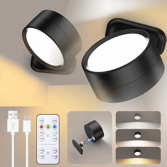 2PCS Magnetic LED Wall Sconce Light USB Rechargeable Dimmable 3 Color Temperatures Warm Cool Daylight Remote & Touch Dual Control 360° Rotation Wall Mount Lamp for Bedroom Study Reading Living Room Hallway Closet Stairway In