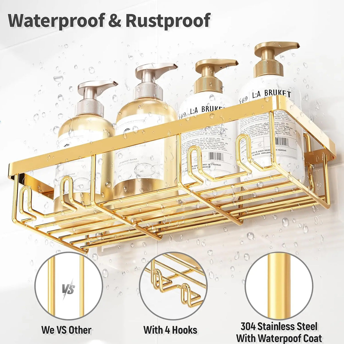 Adhesive Stainless Steel Shower Caddy Set For Bathroom Storage