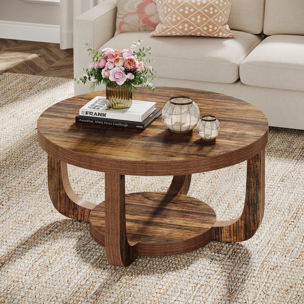 Tribesigns Wooden Round Coffee Table With Lower Storage Shelf