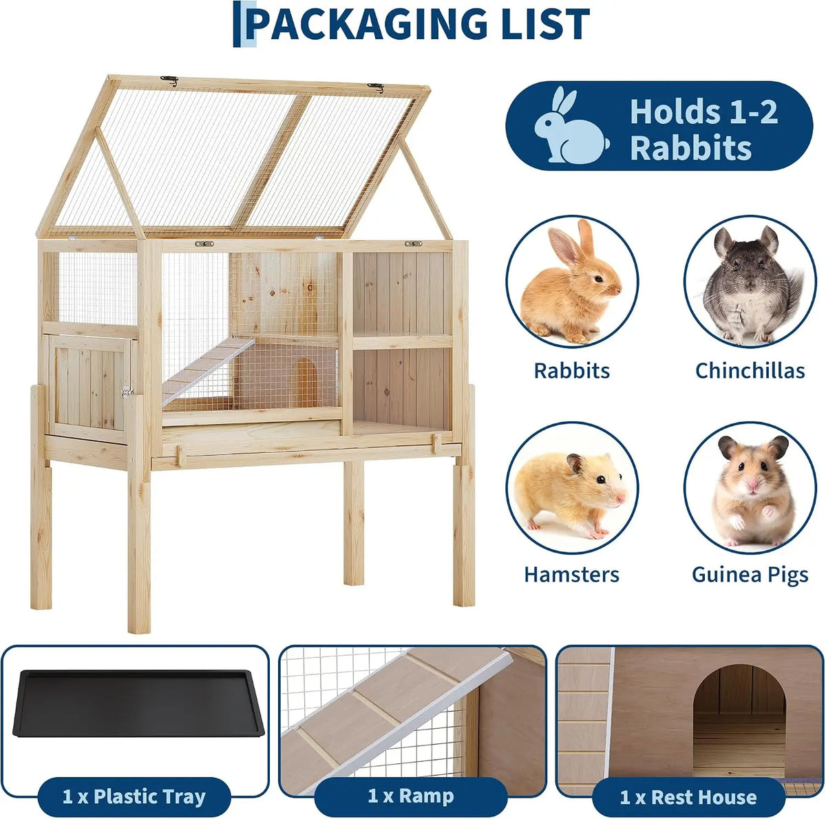 Wooden Guinea Pig Cage Indoor with Stand, 38" 2-Story Rabbit Hutch w/Ramp & Hideout, Clear Vision, Leak-Proof Pull-Out Tray, Lockable Door, Bunny Hamster Habitat