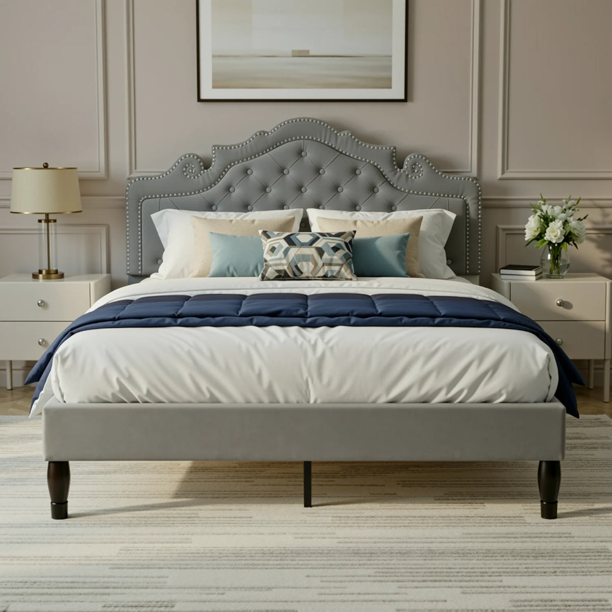 HOOMIC Velvet Upholstered Bed Frame With Diamond Tufted Tiara Headboard