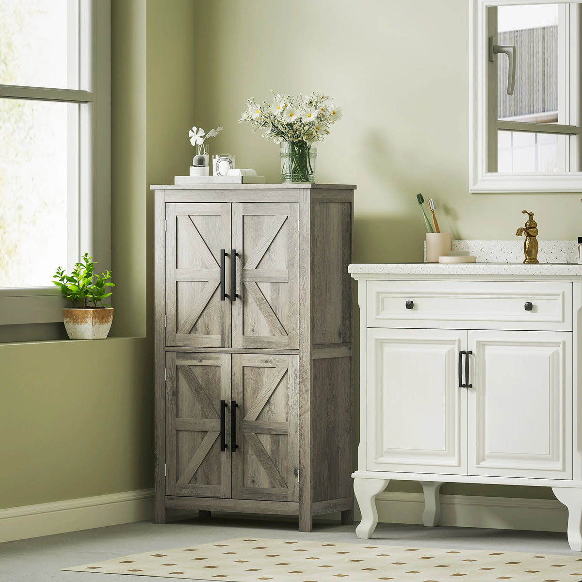 HOMCOM Farmhouse Bathroom Storage Cabinet With Barn Doors