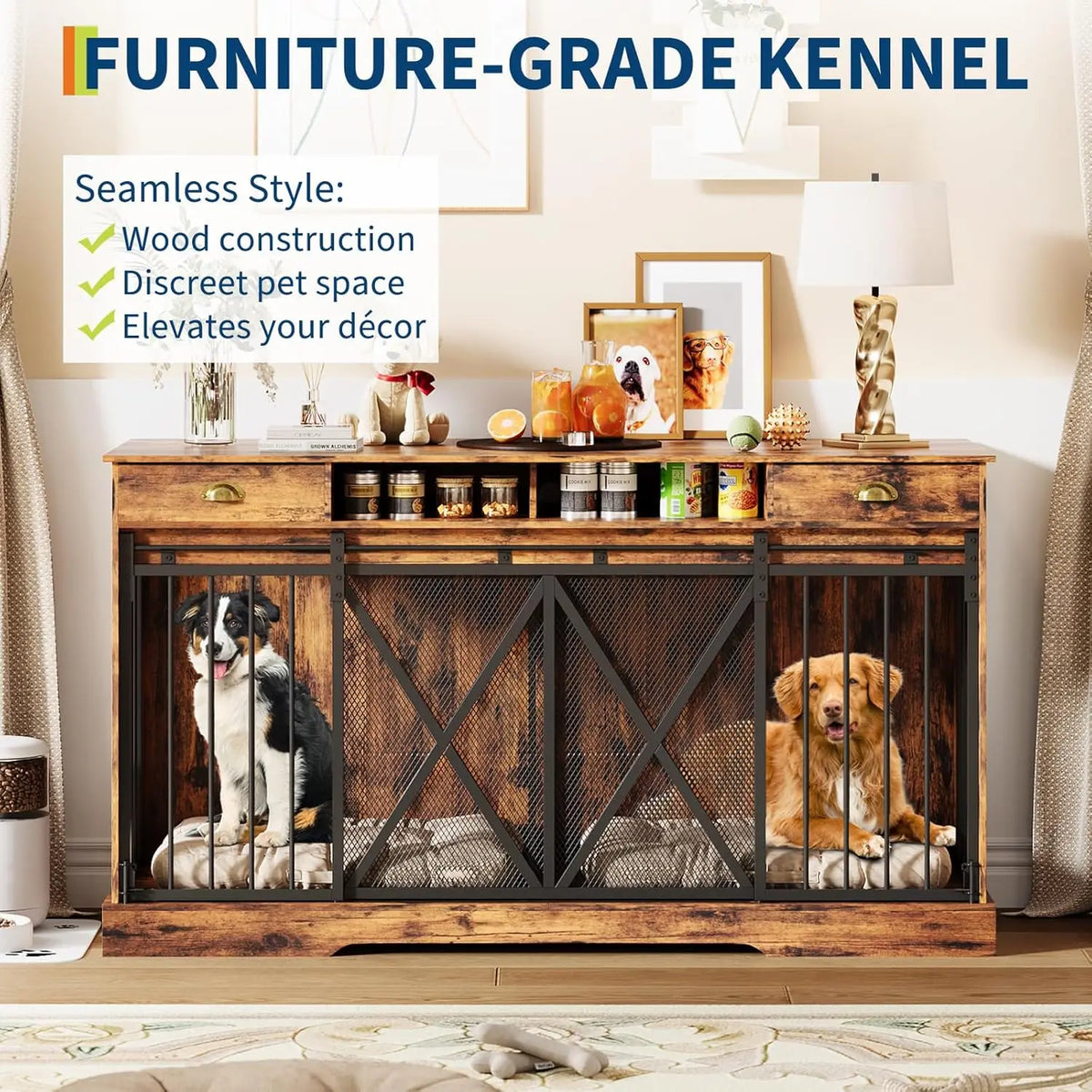 63 in Extra Large Double Dog Crate with Removable Divider, Heavy Duty Dog Kennel Furniture with 2 Drawers, Decorative TV Stand
