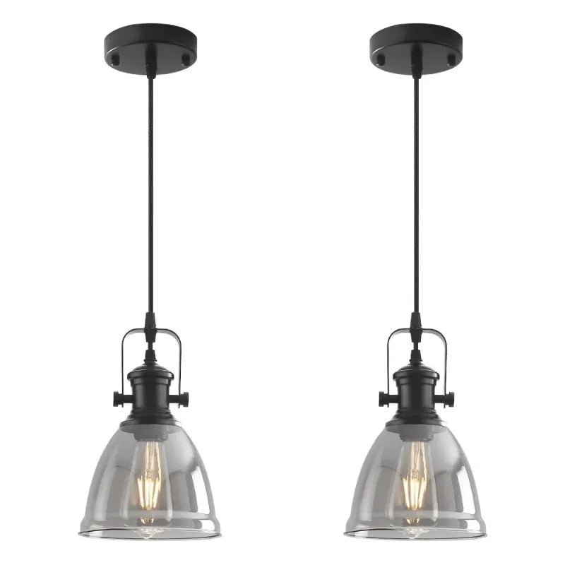 2-Pack Industrial Glass Pendant Light Smoke Gray Glass Shade Black Metal Hanging Lamp E26 Base Adjustable Cord For Kitchen Island Dining Room Farmhouse Ceiling Lighting